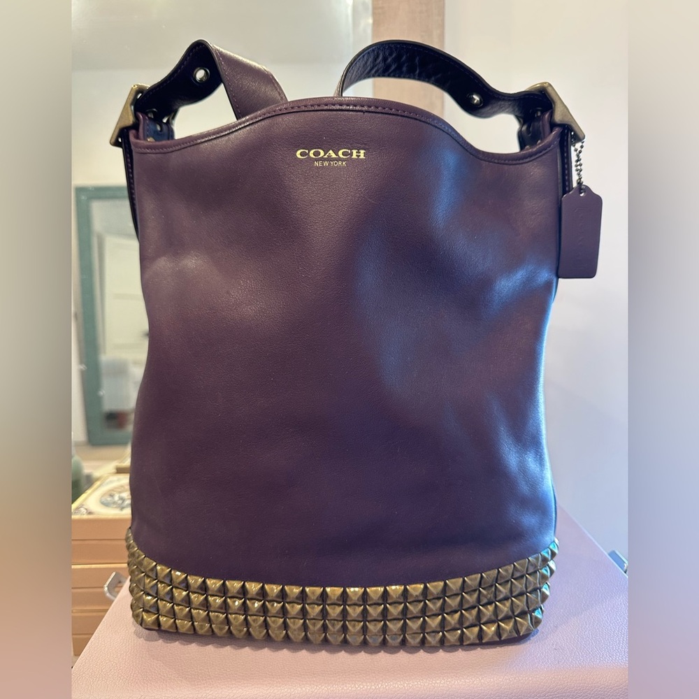 Coach Dark Purple Leather Bag with Gold Studs